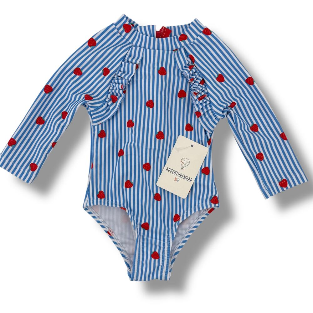 Strawberry Stripe Ruffle Long Sleeve Rashguard Swim Suit Baby Girl Sz 12 Mos